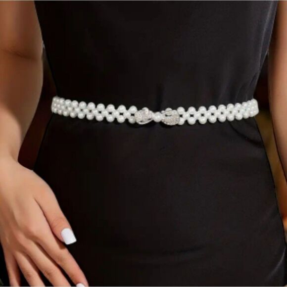 Rhinestone Bow Knot Ivory Pearl Wide Elastic Belt Statement Cute On-trend Nice - Picture 3 of 7